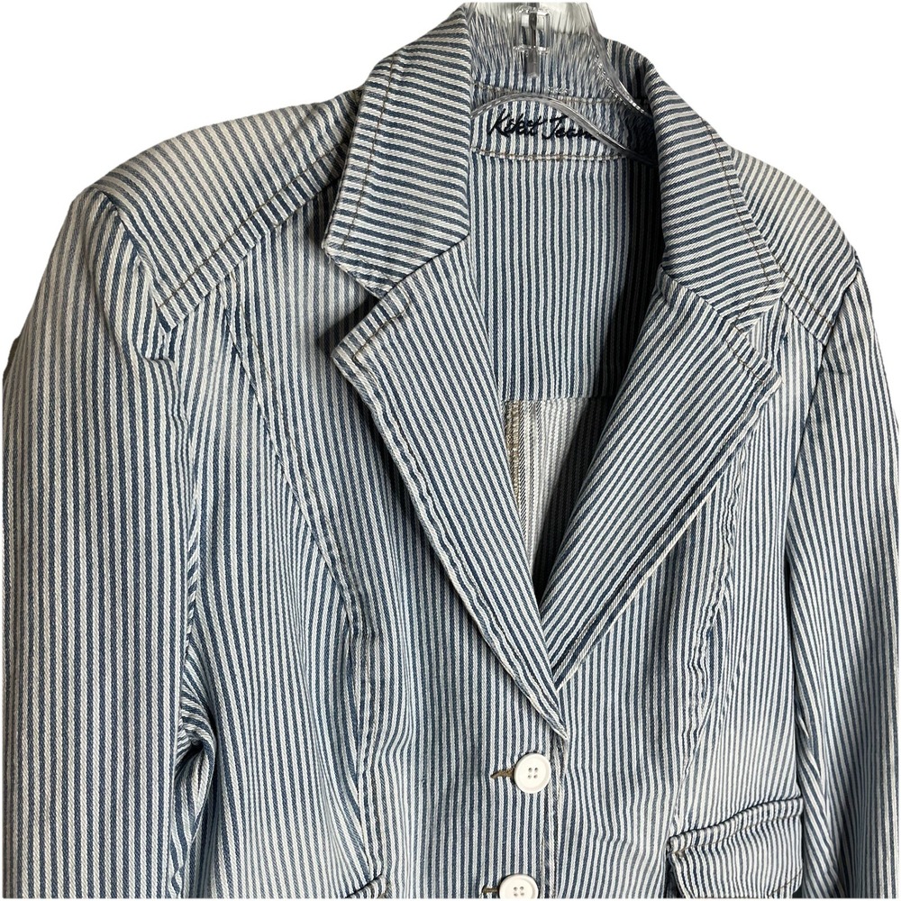 Womens Blue White Denim Railroad Stripe Blazer Jacket M Preppy Nautical Y2K